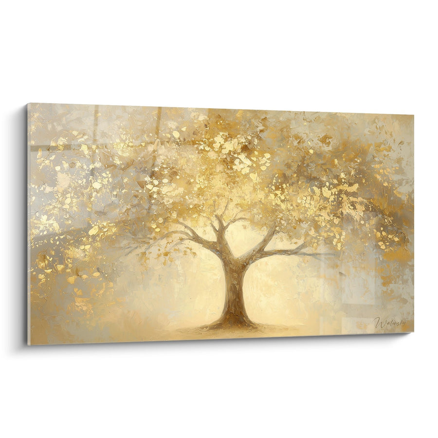 Tableau arbre majestueux aux feuillages dorés sur fond lumineux beige - Lumière dorée - Edition arbre de vie