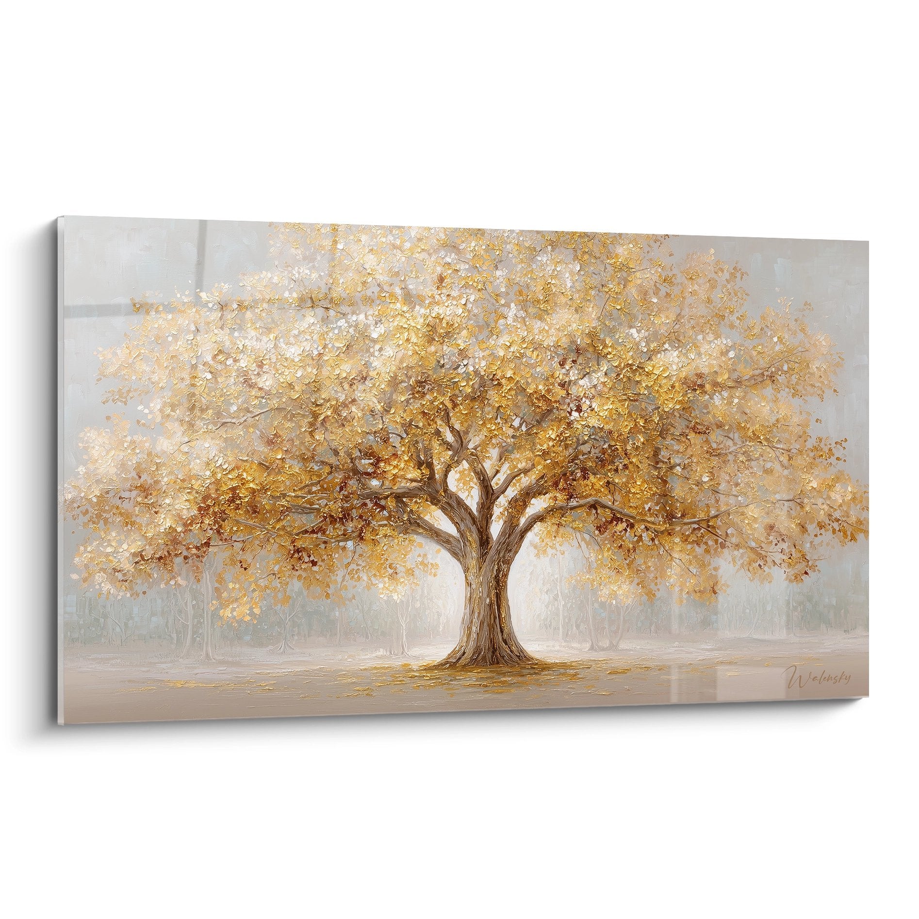 Tableau arbre de vie aux feuillages dorés scintillants sur fond gris atmosphérique, style contemporain texturé