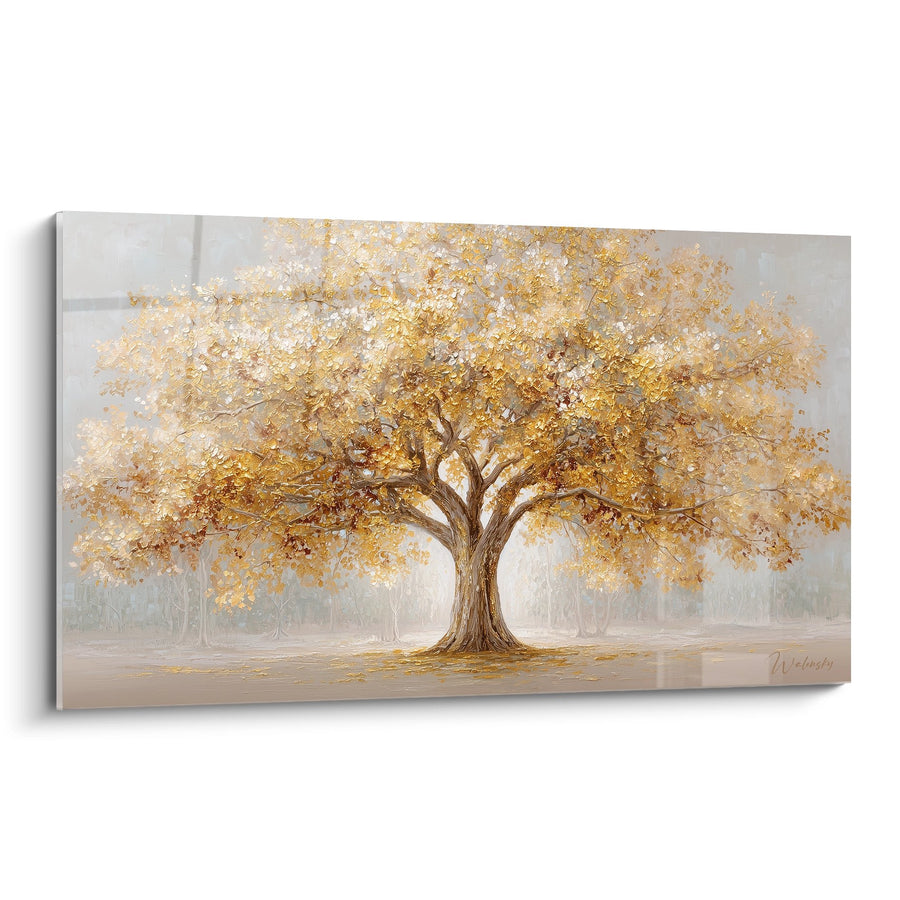 Tableau arbre majestueux aux feuillages dorés sur fond gris nacré - Lumière automnale - Edition arbre de vie