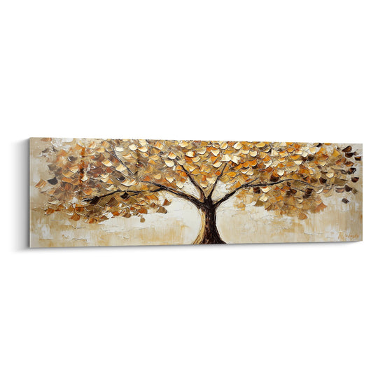 Baum-Gemälde mit goldenen und ockerfarben Blättern auf strukturierter beige Leinwand - Herbstsymphonie - Lebensbaum-Edition