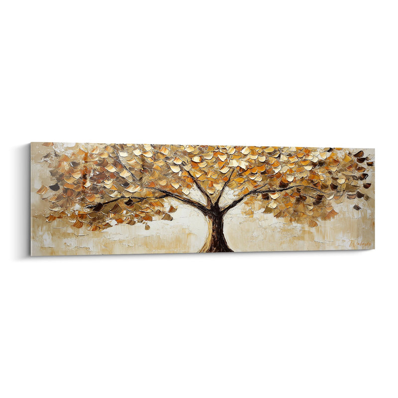 Tableau arbre aux feuilles dorées et ocre sur toile beige texturée - Symphonie automnale - Edition arbre de vie