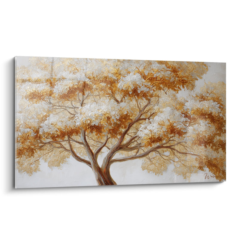 Tableau arbre aux branches dorées sur fond blanc nacré - Lumière automnale - Edition arbre de vie
