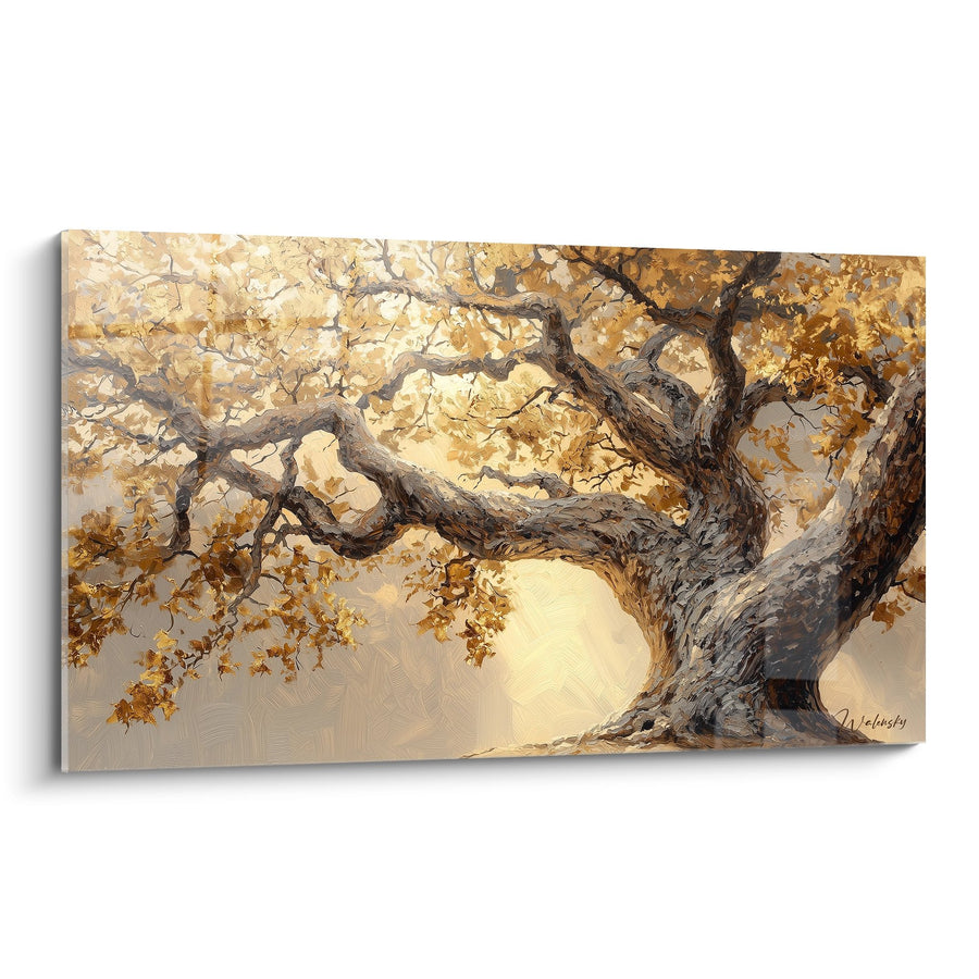 Tableau arbre majestueux aux teintes dorées et ocre sur fond lumineux - Sagesse éternelle - Edition arbre de vie