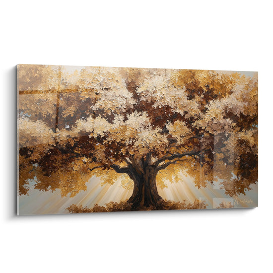 Gemälde uralter Baum mit ausgebreiteten Ästen und ocker-goldenes Laub unter göttlichem Licht - Symbol der Ewigkeit - Edition Baum des Lebens