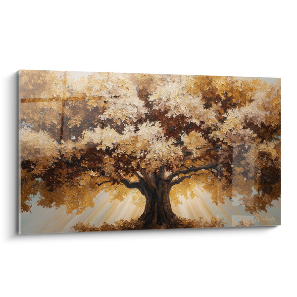 Cuadro de árbol centenario con ramas extendidas y follaje ocre dorado bajo luz divina - Símbolo de eternidad - Edición árbol de la vida