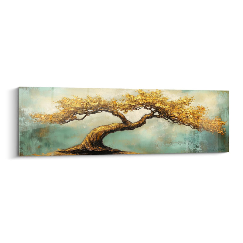 Tableau arbre tortueux aux branches dorées sur fond turquoise et crème - Sérénité dorée - Edition arbre de vie