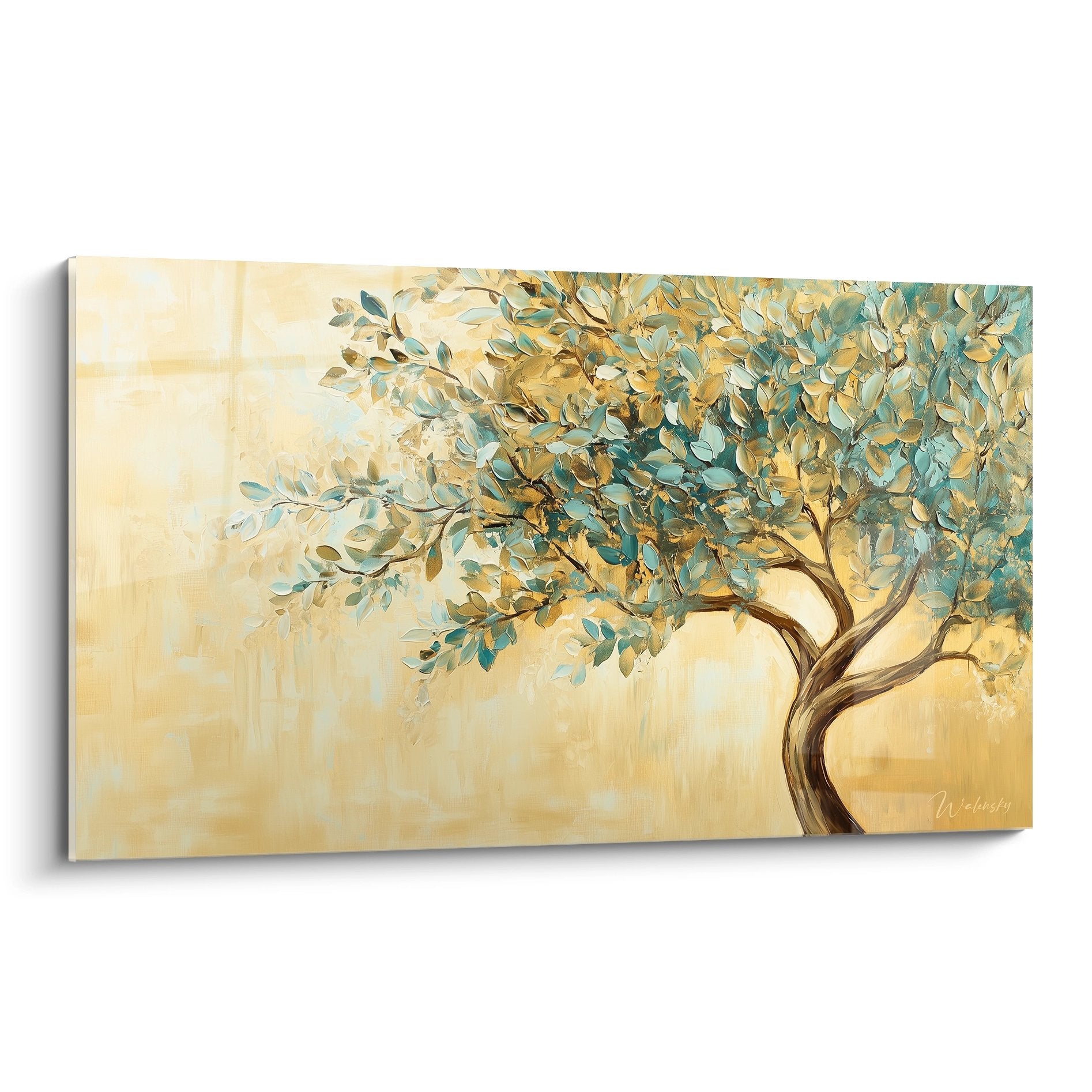 tableau arbre de vie aux feuillages dores et turquoise sur fond beige clair style contemporain