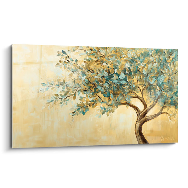 Cuadro de árbol con follaje dorado y turquesa sobre fondo beige luminoso - Serenidad dorada - Edición árbol de la vida