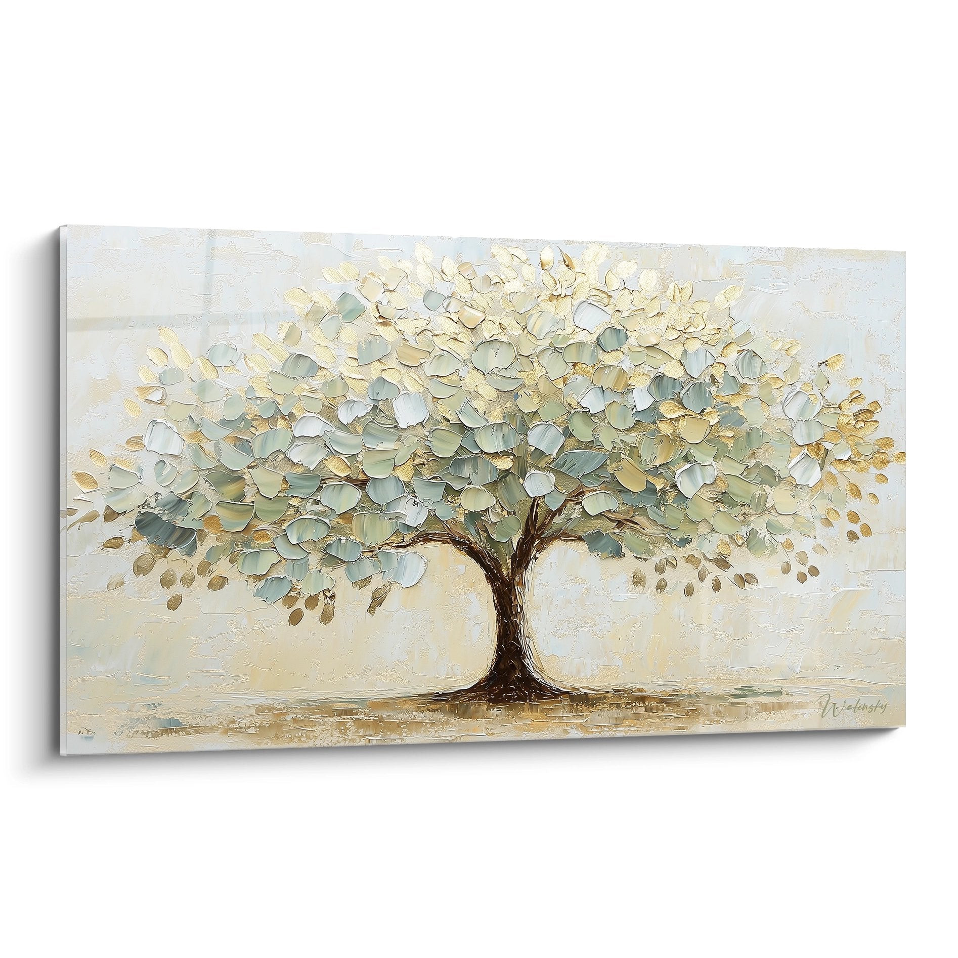 Tableau arbre de vie aux feuilles dorées et vertes sur fond beige clair avec tronc brun