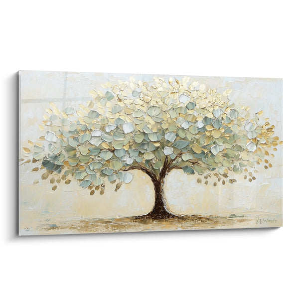 Cuadro de árbol con hojas doradas y verde claro sobre fondo beige claro - Serenidad dorada - Edición árbol de la vida