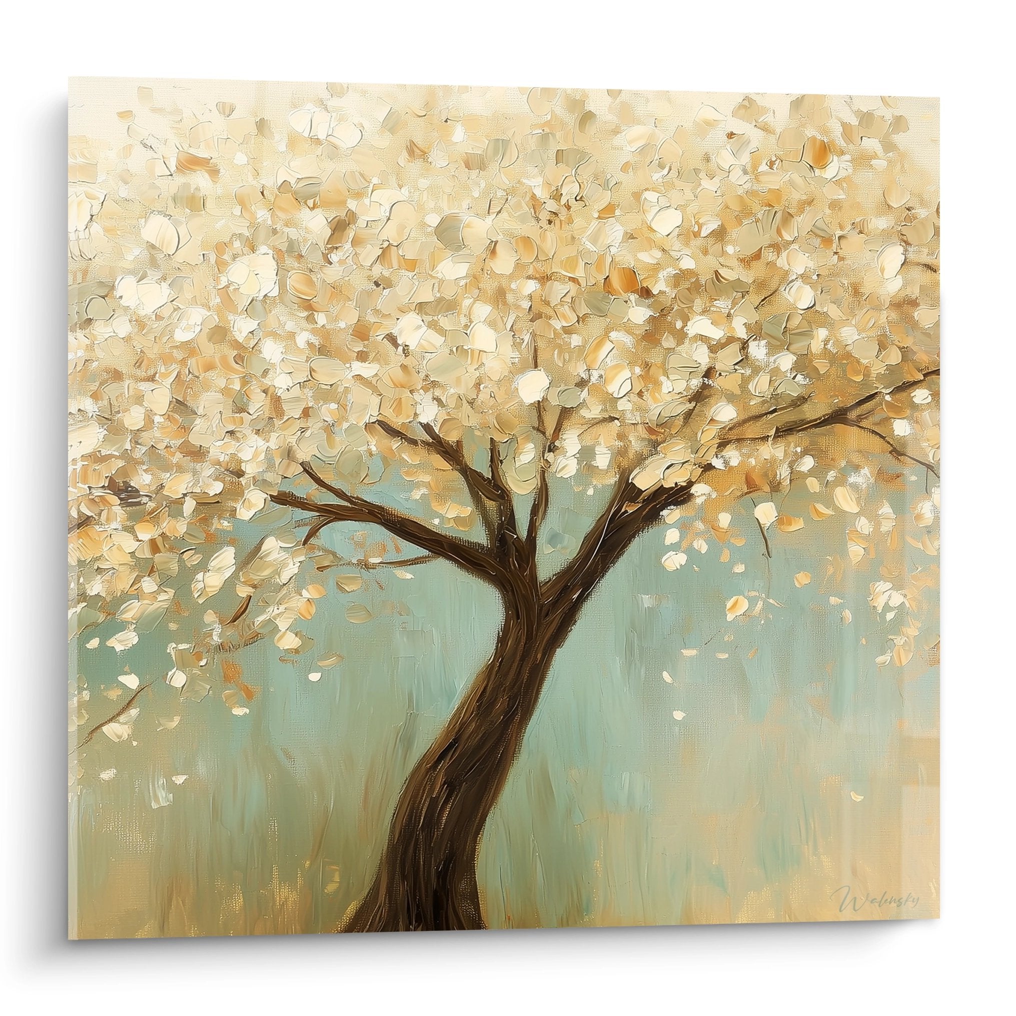Tableau arbre de vie aux feuillages dores et creme sur fond vert pastel style impressionniste