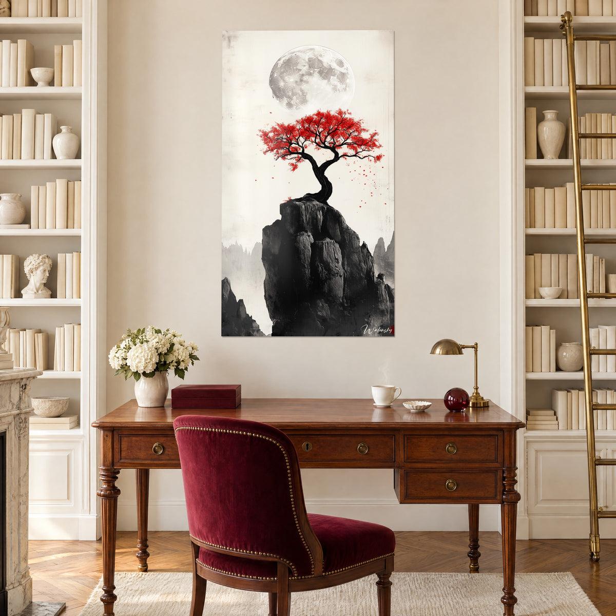 Cuadro silueta de árbol en tinta negra con pétalos rojos y luna blanca, entre estanterías, escritorio de madera, estilo haussmanniano