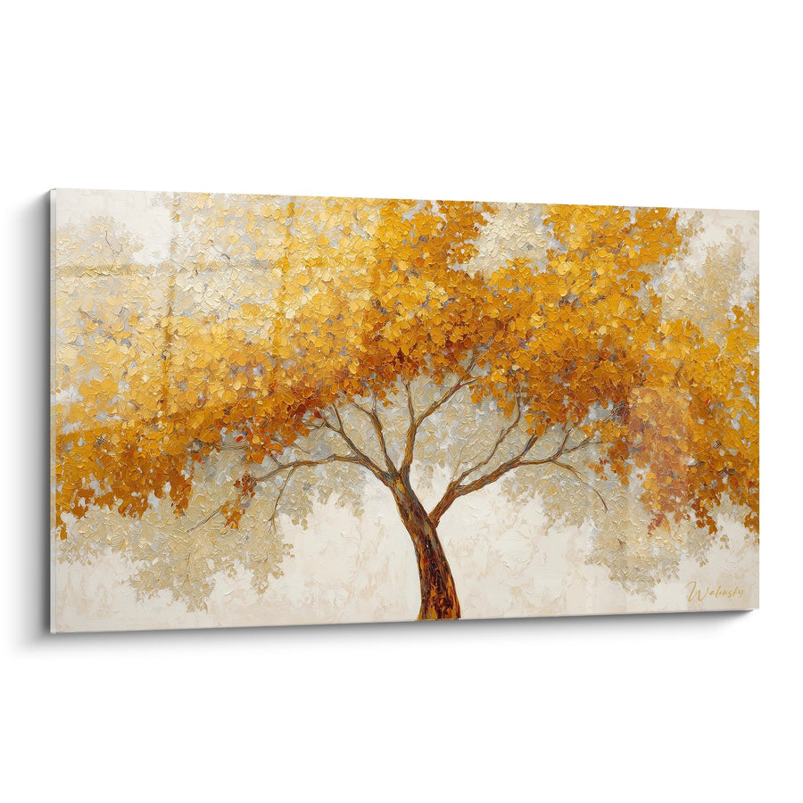 Tableau arbre aux feuillages dorés sur fond beige lumineux - Symphonie automnale - Edition arbre de vie