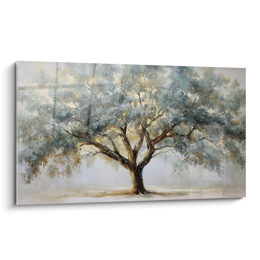 Tableau arbre majestueux aux tons gris bleus et dorés sur toile - Sérénité naturelle - Edition arbre de vie