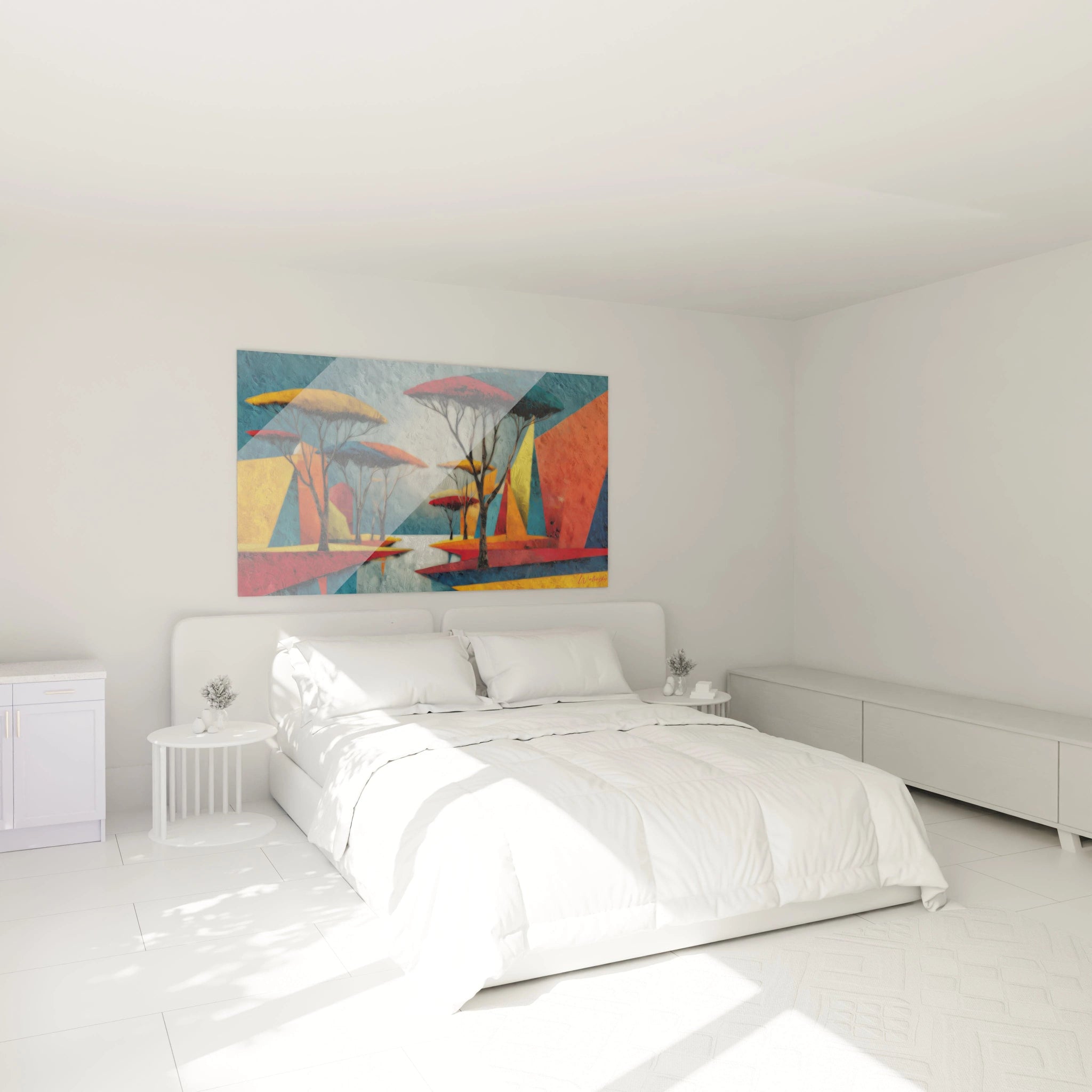 Tableau paysage africain contemporain de Walensky sur un mur dans une chambre moderne et lumineuse
