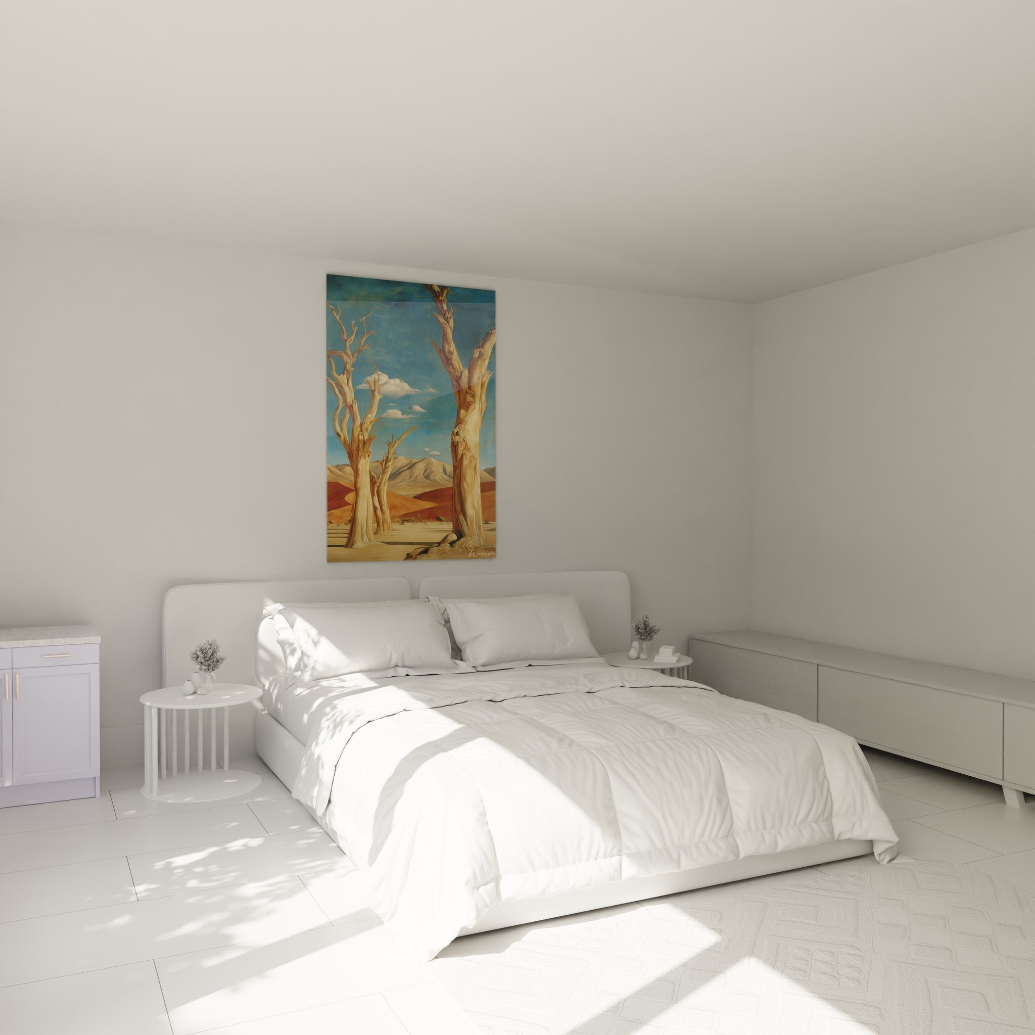Ambiance chambre avec tableau arbres désert, décoration murale nature aux tons chauds apaisants