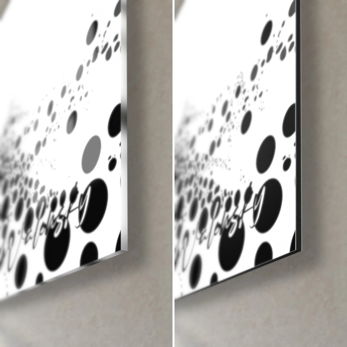 Wall art tree silhouette of black dots on white, bottom right corner: glossy acrylic glass on the left, matte Dibond on the right, 3 mm edge
