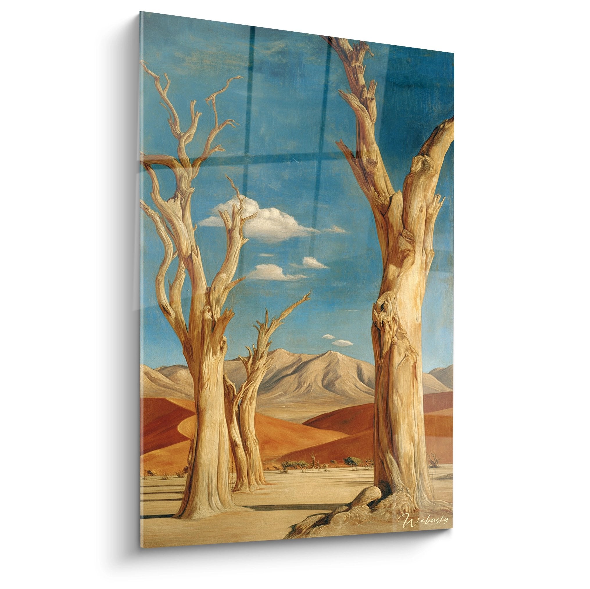 Tableau mural arbres morts désert avec montagnes ocre et ciel bleu, décoration nature moderne