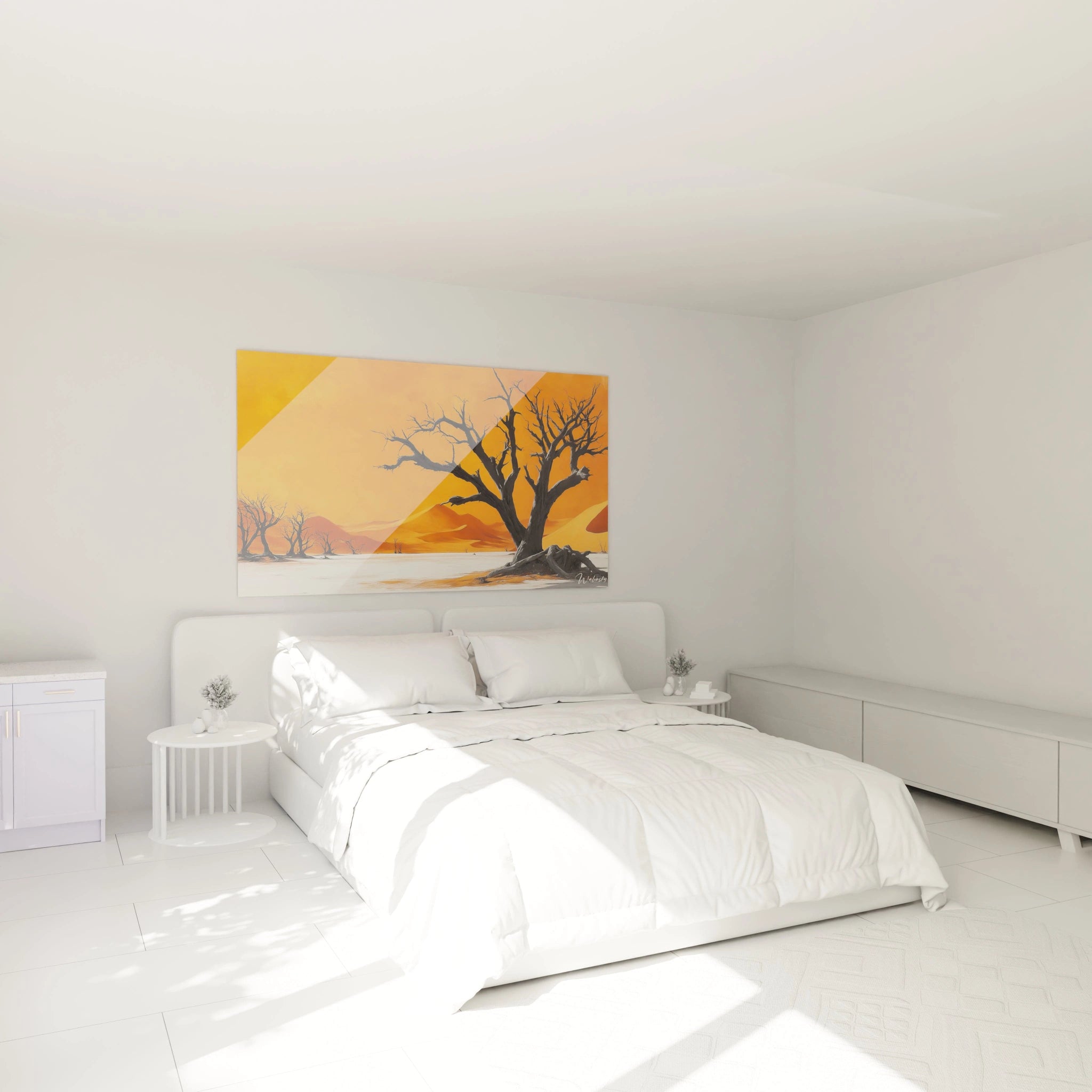 Tableau désert montrant plusieurs silhouettes noires d'arbres sans feuilles contre un ciel orangé intense, des dunes ondulantes et un terrain désertique blanc
