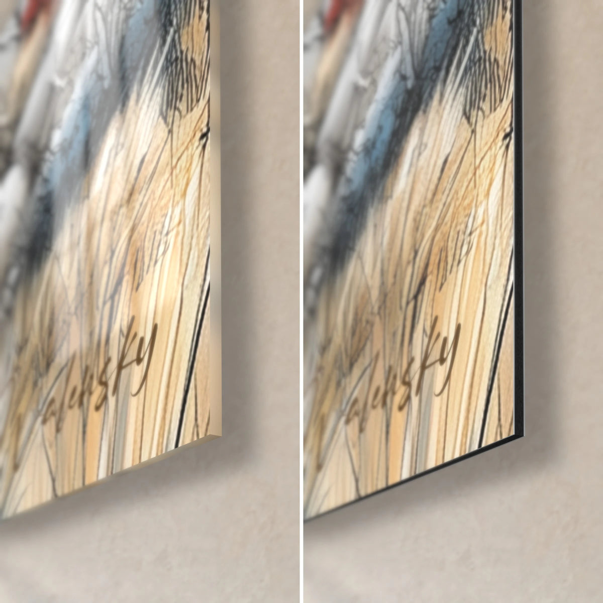 Tableau arbres de savane, coin bas droit : verre acrylique brillant à gauche, Dibond mat à droite, herbes dorées et tranche de 3 mm