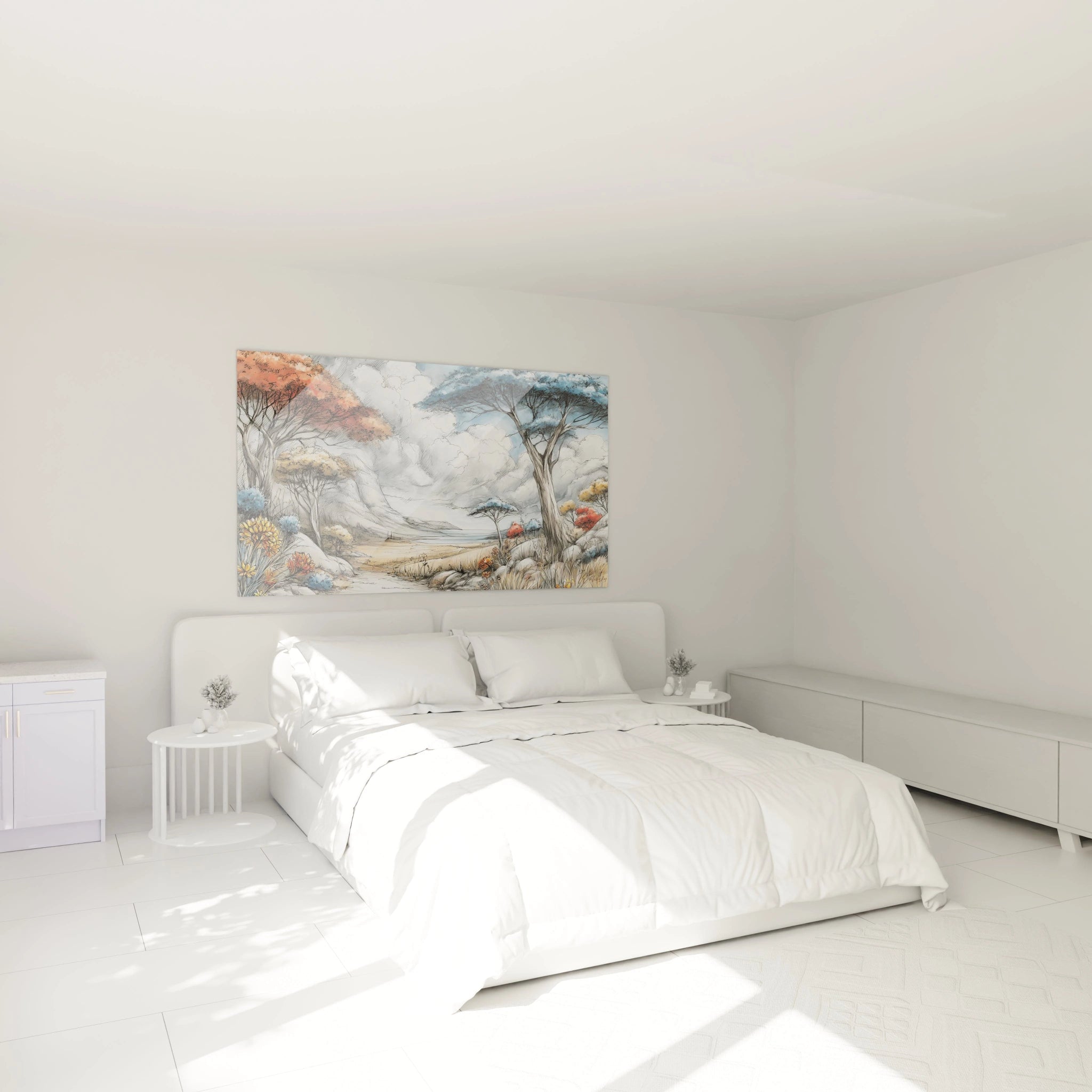 Tableau paysage africain moderne de Walensky accroché au mur d'une chambre minimaliste lumineuse