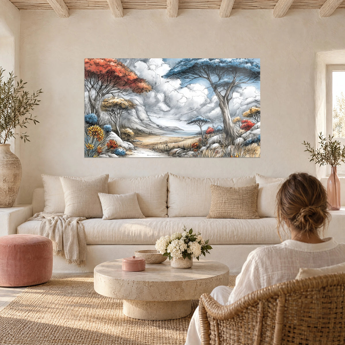 Tableau acacias aux cimes rouille et bleu ardoise sous un ciel nuageux, femme de dos, au-dessus d'un canapé dans un salon lumineux
