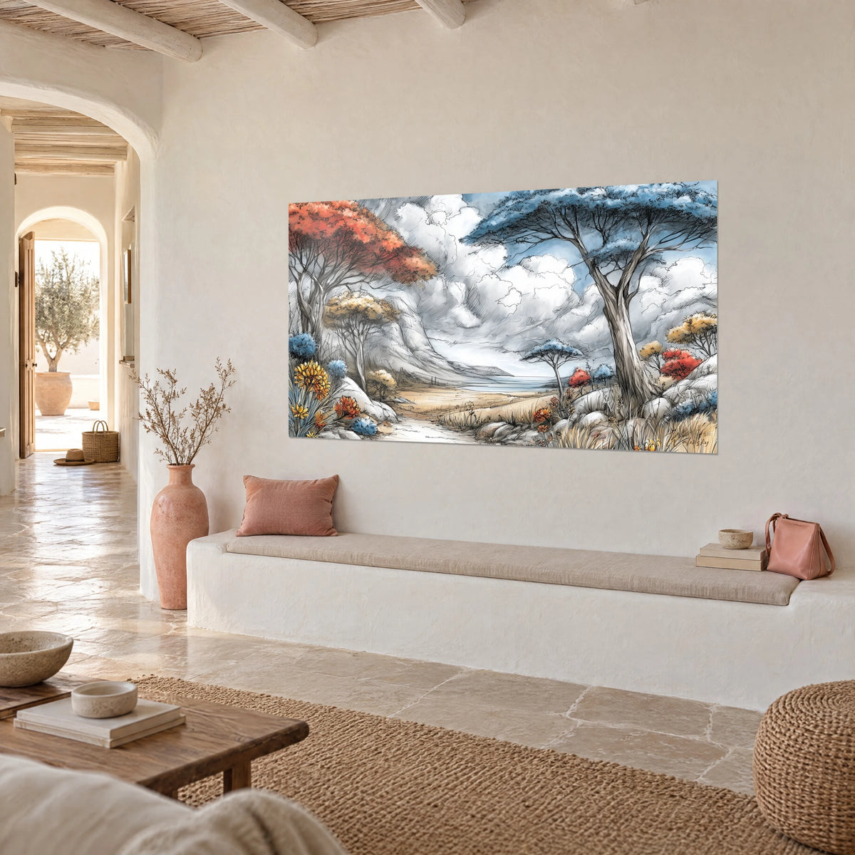 Tableau paysage de savane au croquis d'encre, feuillage corail et bleu glacier, mur crème en maison méditerranéenne en vue de trois-quarts