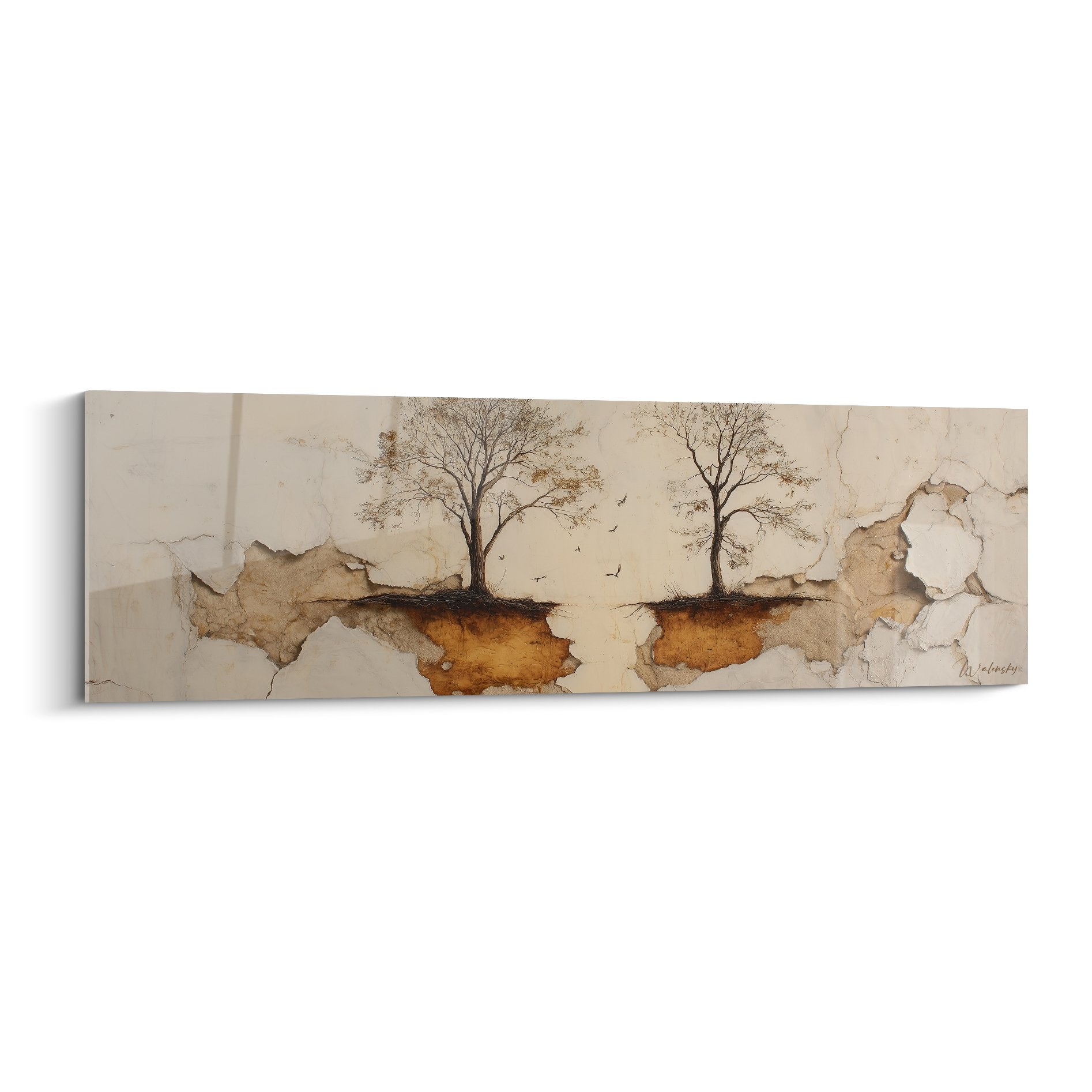 Tableau feng shui arbres dénudés racines apparentes mur beige craquelé tons ocre