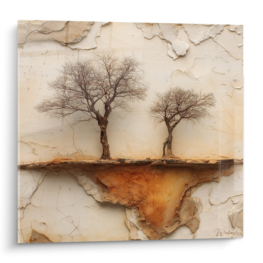 Tableau Arbres Dépouillés sur Terre Craquelée Beige - Harmonie Terrestre - Edition Feng shui Nord-Est Terre