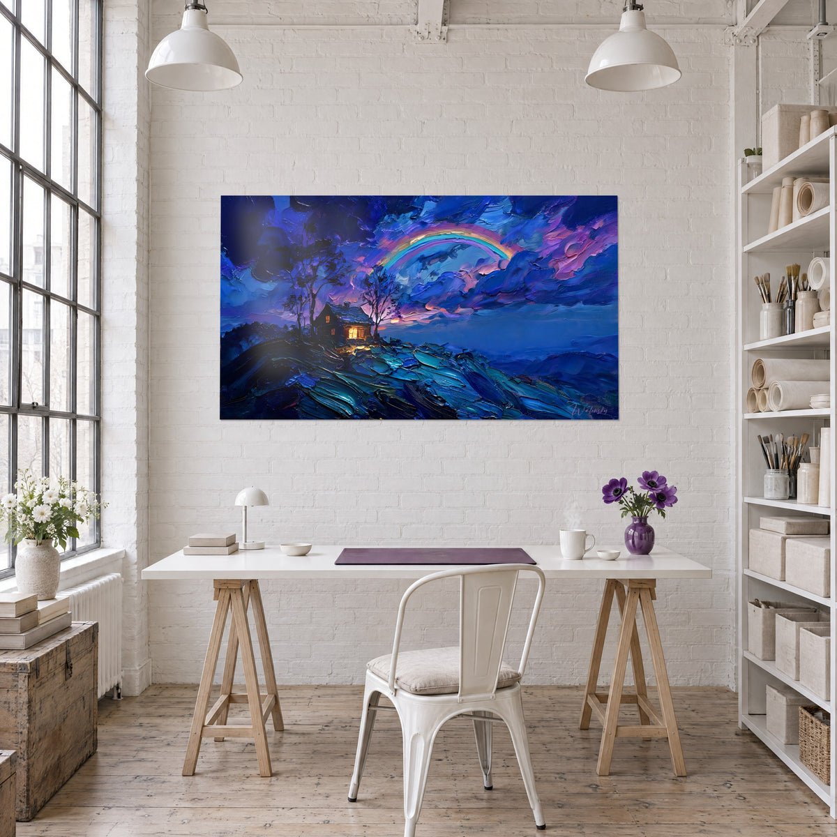 Wall art country house under mauve clouds, bare trees and sea-green hill, hung above a white desk and chairs
