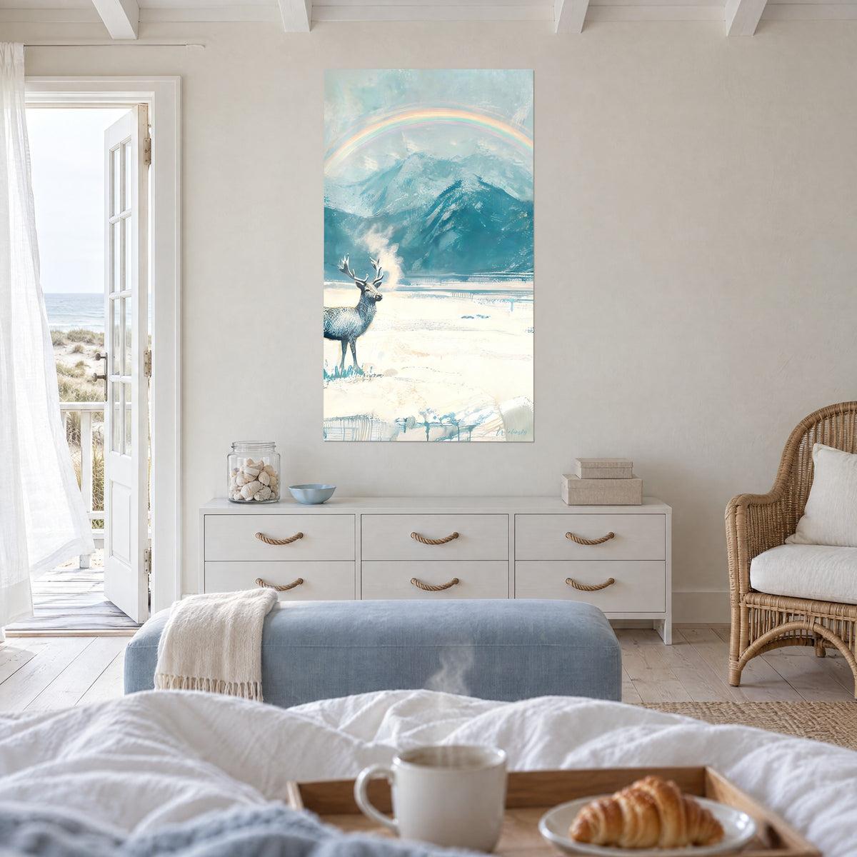 Wall art silhouette of a frosted stag, misty haze and rainbow over blue peaks, above a bed in a light bedroom