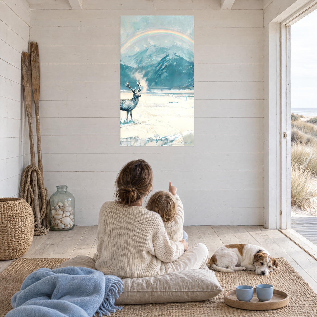 Wall art large blue-speckled deer, cloud of breath, soft rainbow over the peaks, facing a mother, a child and a den