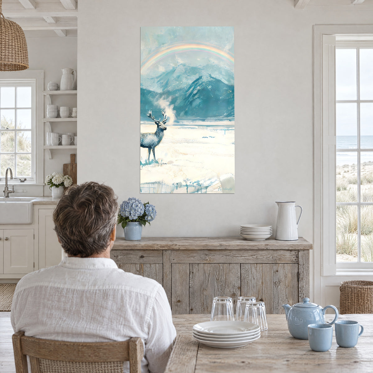 Wall art snow animal with finely carved antlers, ivory plain and azure peak under the rainbow, in an open kitchen by the sea