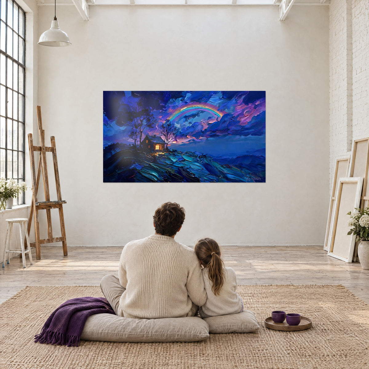 Wall art multicolored arch against a deep blue and pink stormy sky, admired from behind by two people seated on a rug