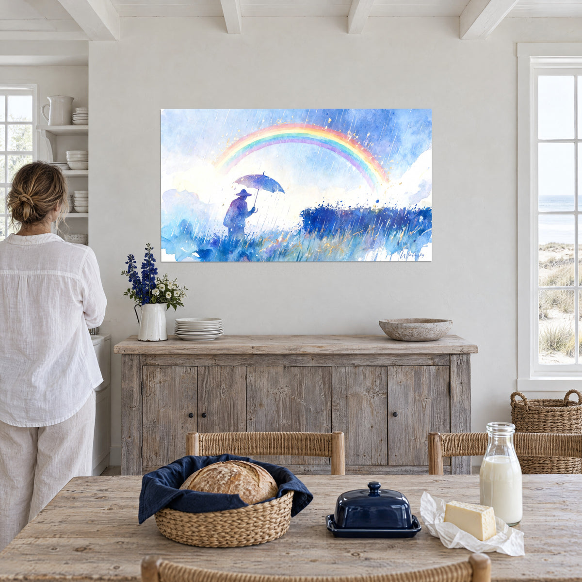 Tableau éclaircie après l'orage, silhouette bleue, arc rose, jaune et lilas, pluie en traits blancs, dans une maison de bord de mer