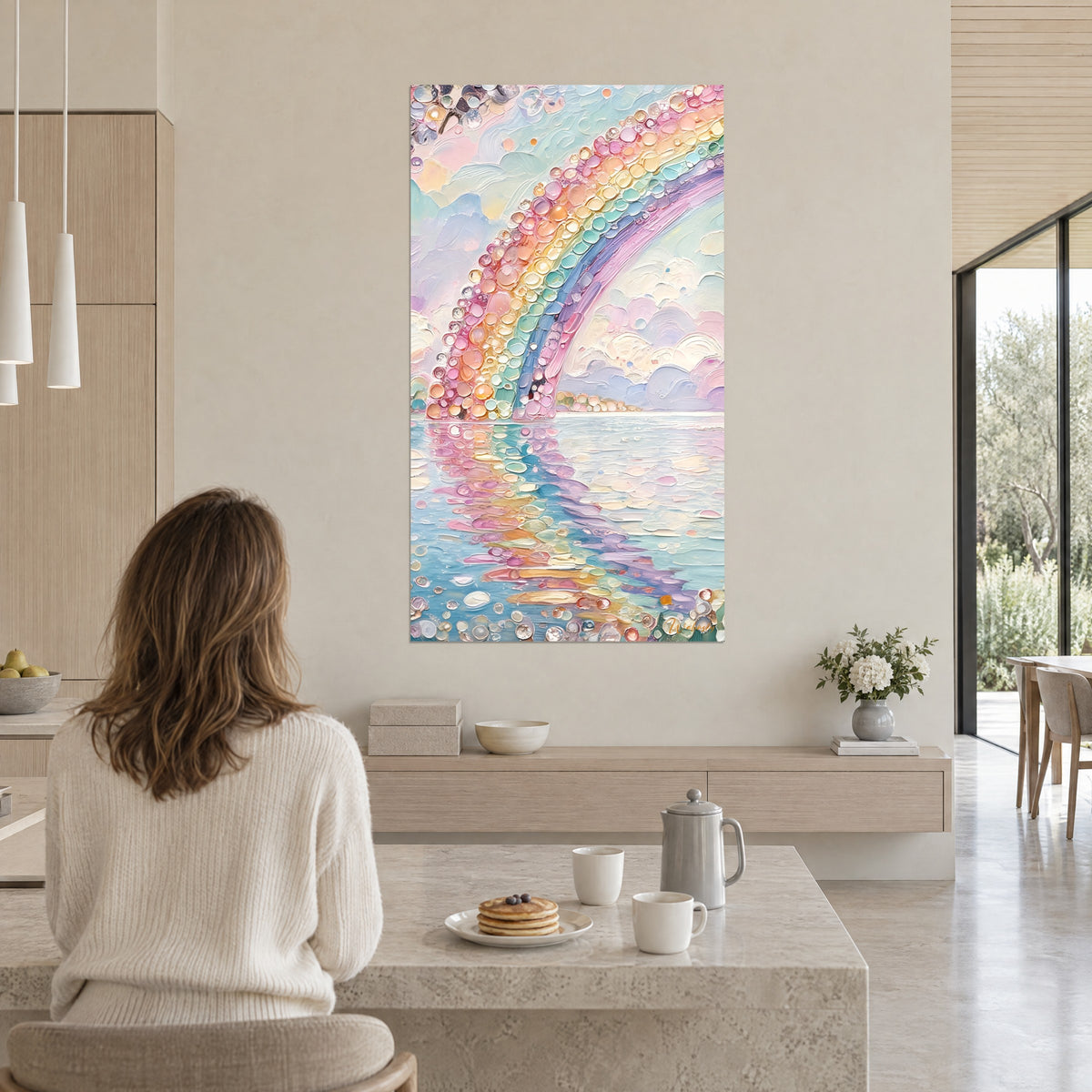 Wall art semicircle of pearly yellow and pink scales, lavender clouds in thick brushstrokes, woman seen from behind beside a kitchen table