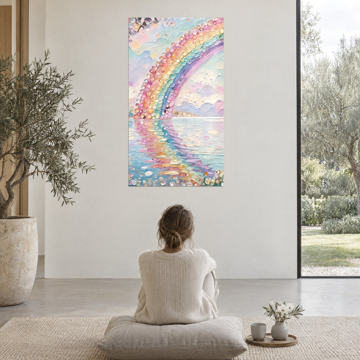 Wall art pastel arch of translucent peach and blue pearls, calm lagoon, woman seated from behind on a cushion in an open living area