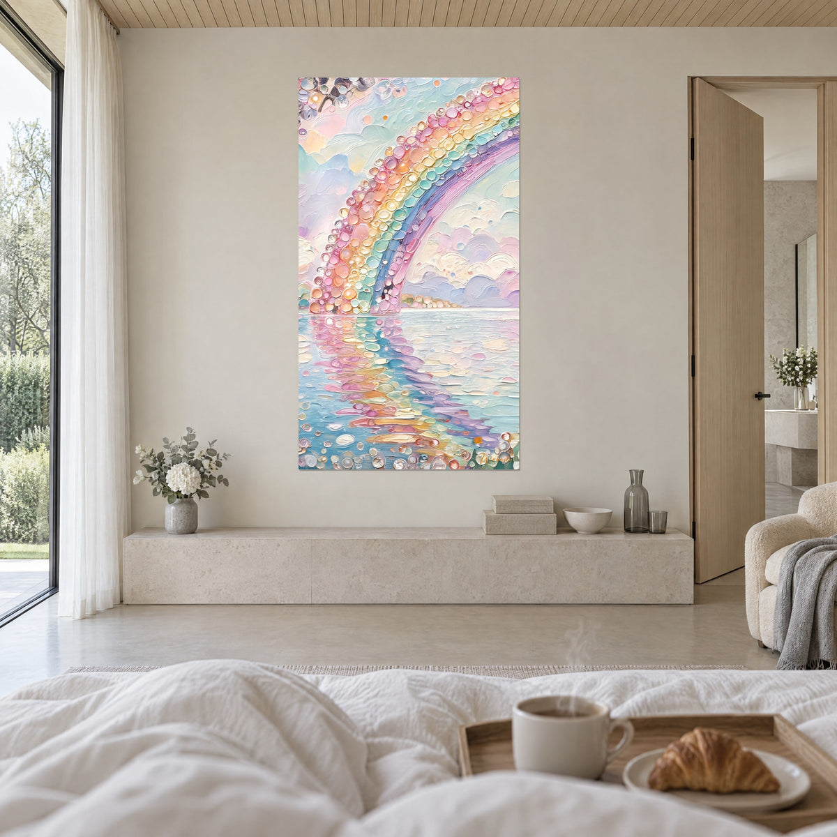 Wall art bridge of light made of pink and mint cabochons, cream sky and reflections on water, above a bed in a bright bedroom