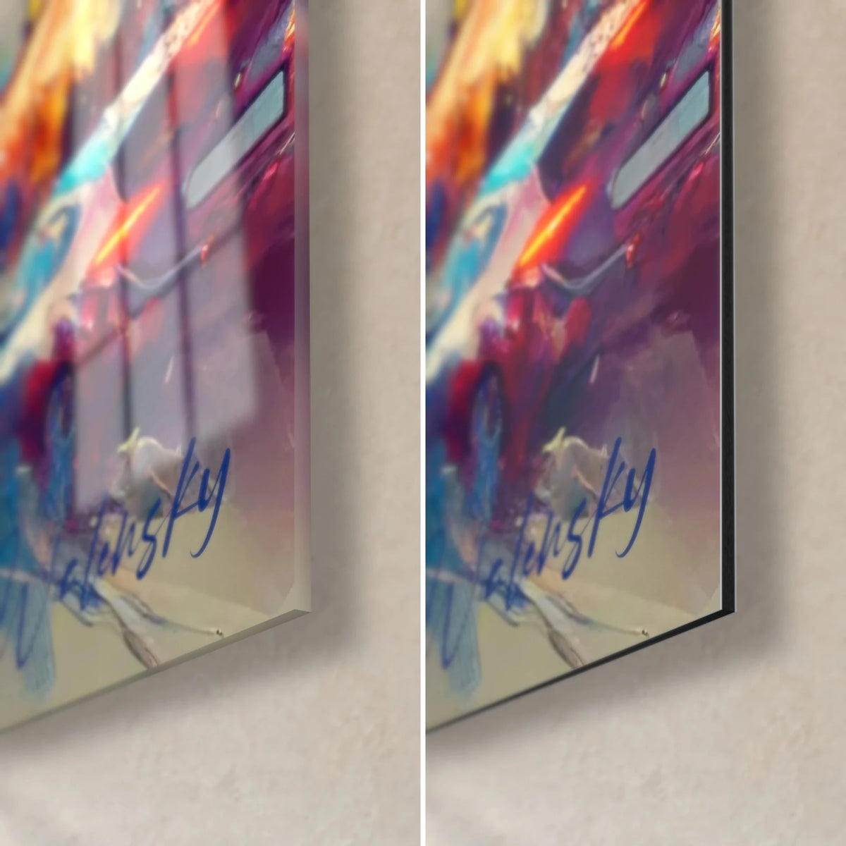 Gemälde Arc de Triomphe, untere rechte Ecke: glänzendes Acrylglas mit Reflexen, matte Dibond-Aluminium, schwarze Kante von 3 mm