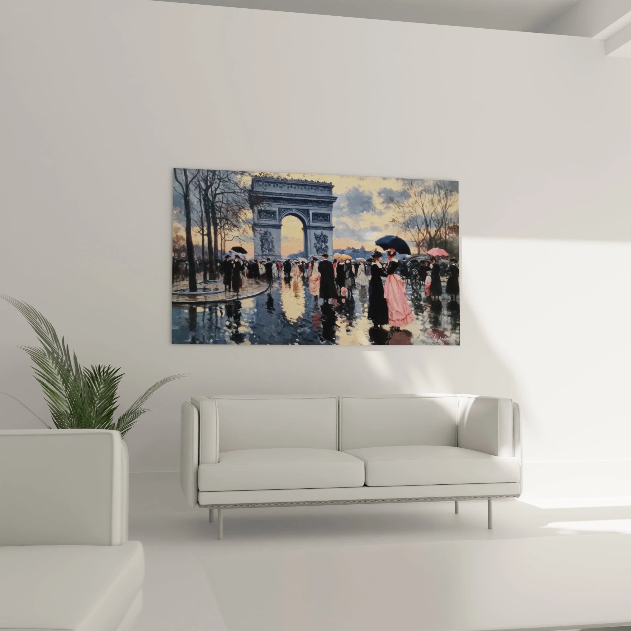 tableau Arc de Triomphe art mural Walensky peinture parisienne sous la pluie avec réflexions