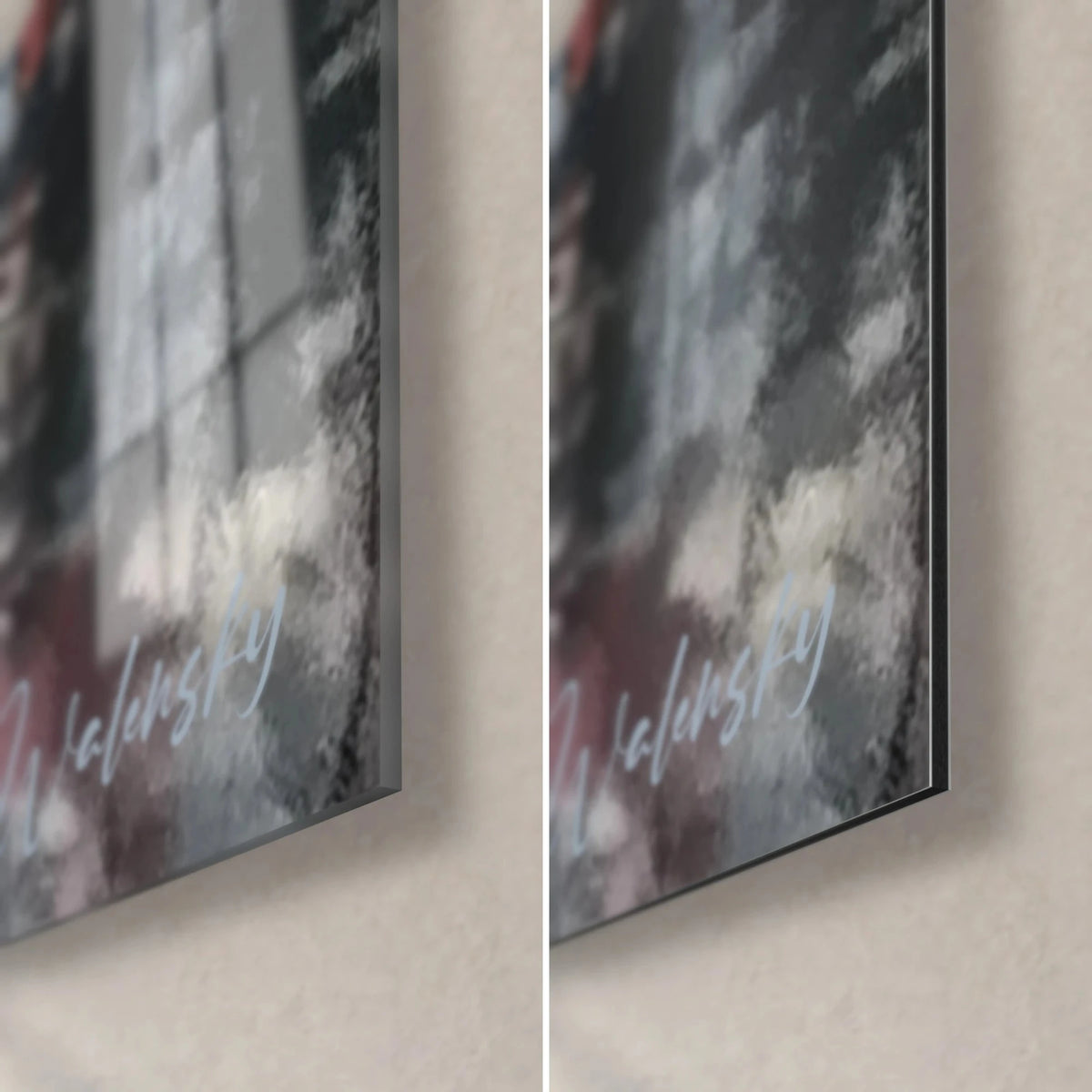 Gemälde Triumphbogen als Malerei, untere rechte Ecke: glänzendes Acrylglas links, matte Alu-Dibond-Platte rechts, schwarze 3-mm-Kante