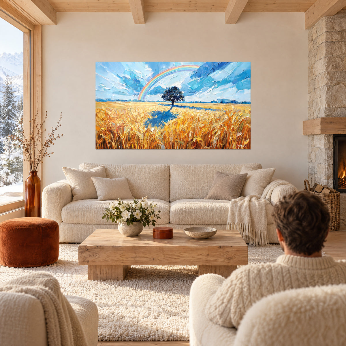Tableau champ de blé doré sous un arc-en-ciel pastel, chêne sombre et ombre bleue, au-dessus d'un canapé dans un salon lumineux