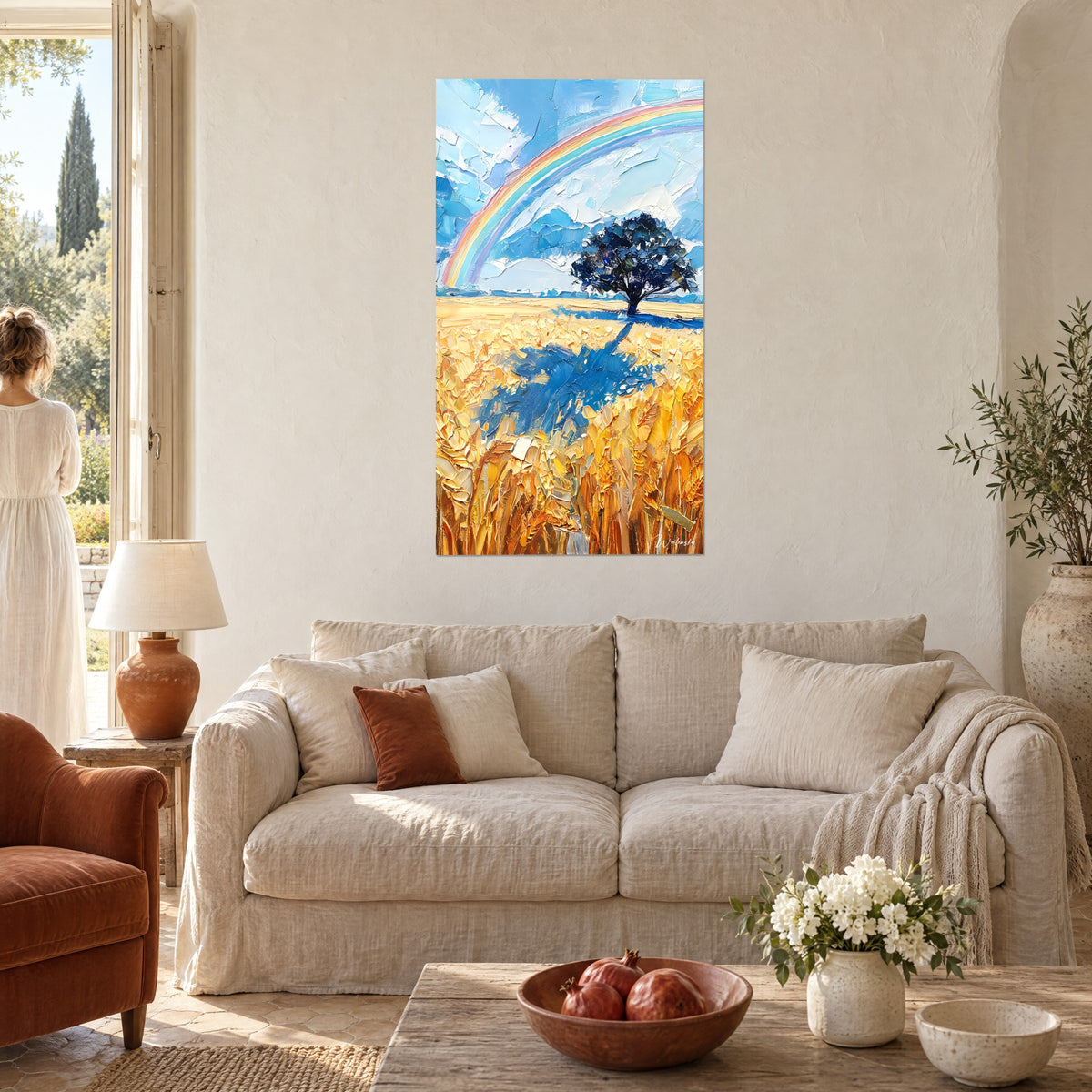 Quadro campo di grano dorato sotto un arcobaleno pastello, ombra azzurra della quercia, sopra un divano in un soggiorno luminoso