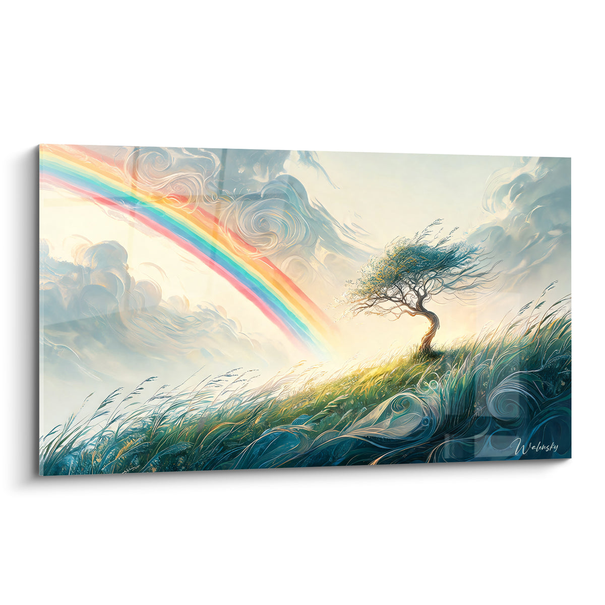 Arbre courbé face à un arc-en-ciel rose et turquoise sur une colline verdoyante balayée par le vent