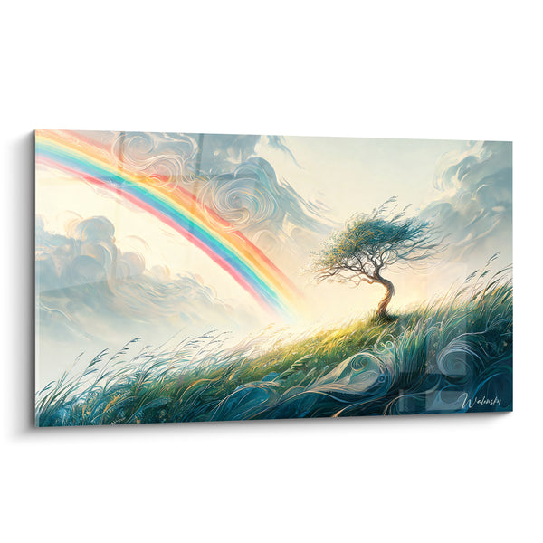 Schilderij Gebogen boom groen en blauw op heuvel met hoog gras - Wervelende wolken in spiraalvorm - Zomergewolf Edition