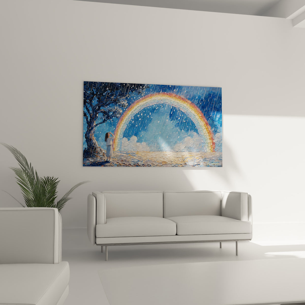 Femme en blanc face à un arc lumineux ocre et bleu, tableau placé au-dessus d'un canapé dans un salon lumineux