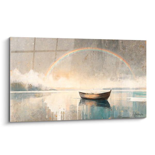 Tableau Barque solitaire sous un arc pastel - Répit après l'orage - Edition Arc en ciel