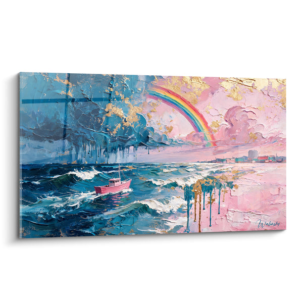 Tableau Bateau rose sur mer bleue et arc-en-ciel - Retour vers la lumière - Edition Arc en ciel