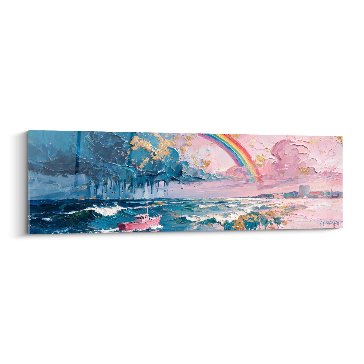 Bateau rose fendant une mer bleu marine sous un arc-en-ciel et un ciel rose doré