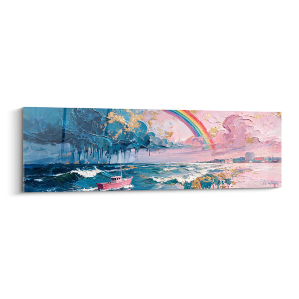 Tableau Bateau de pêche rose sur mer bleue orageuse - Silhouette de ville lointaine - Edition Arc en ciel